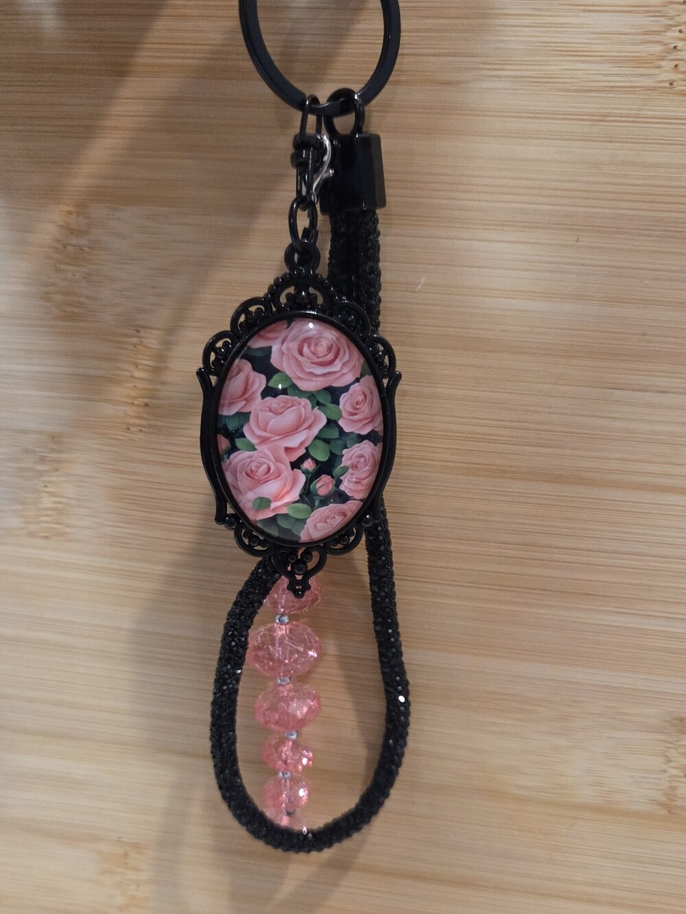 Luxury Gothic Pink Rose Cameo Keychain Bling Bag Charm Black
